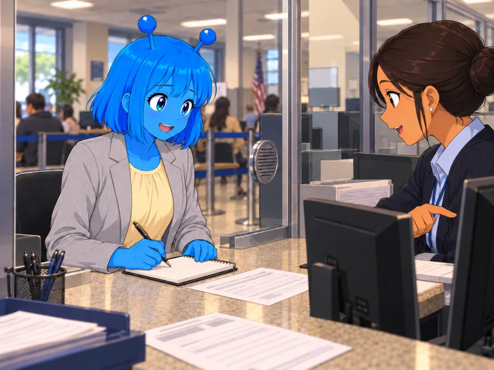 Tina speaking with an official at an immigration counter.