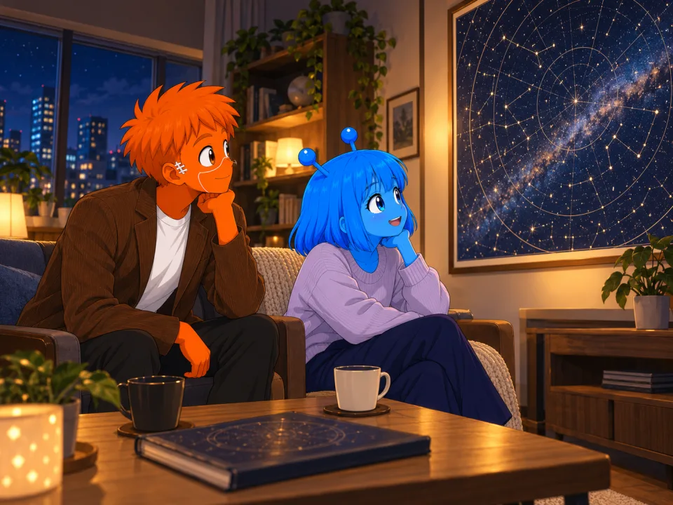 The friends sitting together beneath a star map.