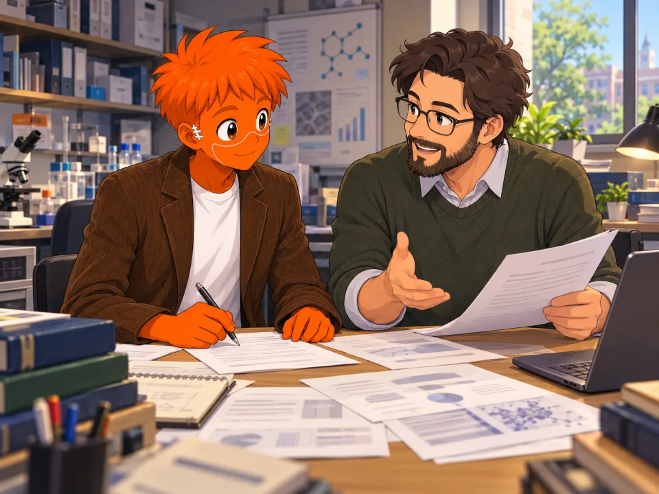 Frank reviewing documents with a senior colleague in a laboratory.