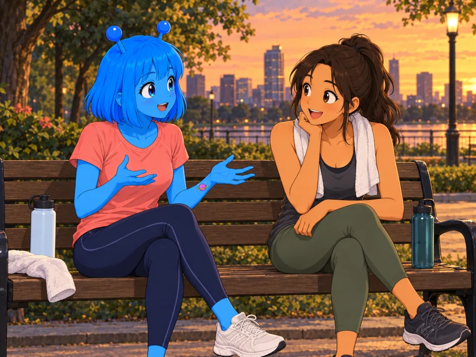 Tina talking to a club member on a park bench.