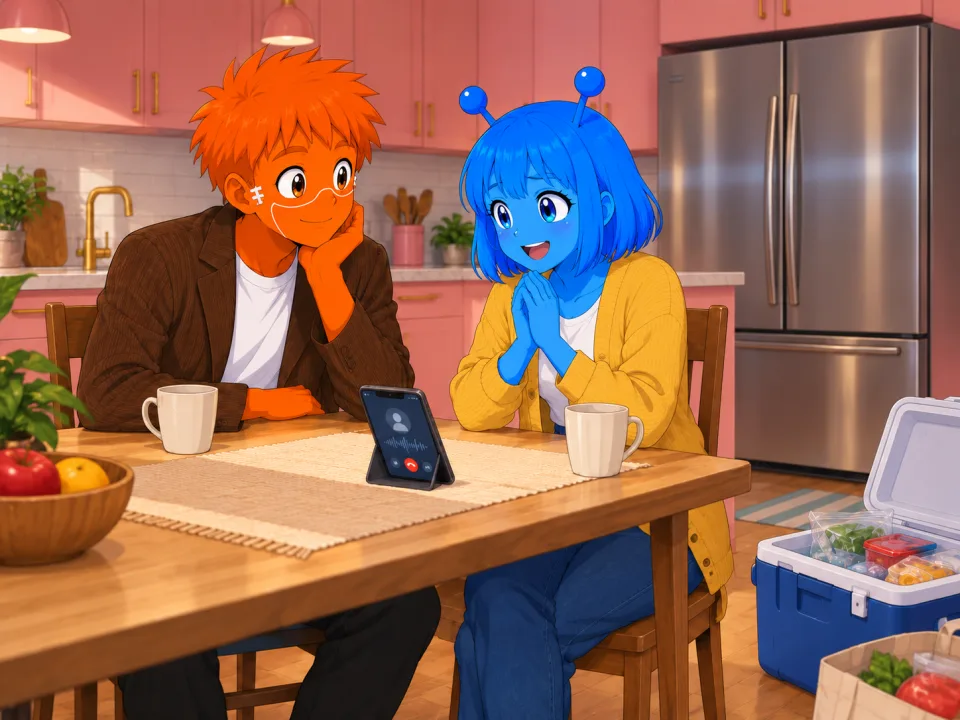 The friends discussing a phone call at home.