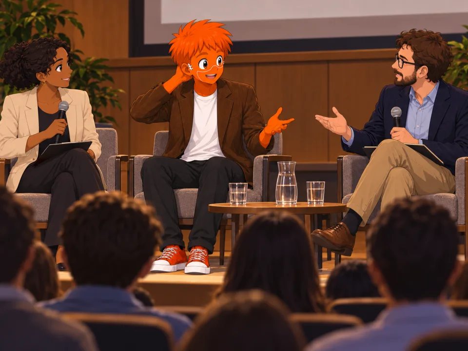 Frank and a researcher speaking at a university panel.