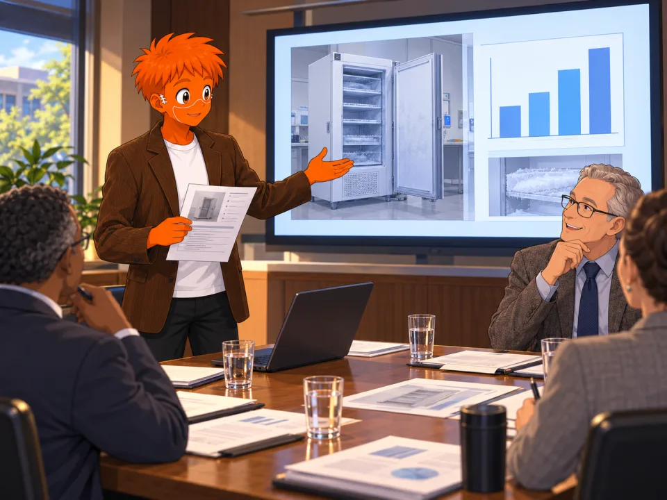 Frank presenting annual-report charts to a committee.