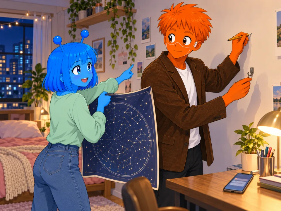 The friends talking as they rehang a star map.