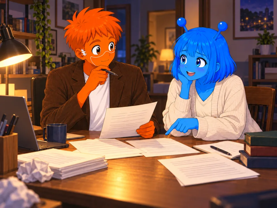 The friends working on a reply to a letter at a desk.