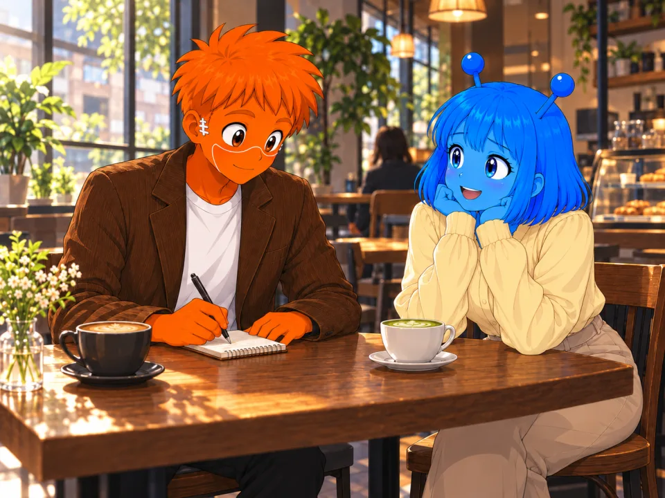 The friends talking over morning drinks in a cafe.
