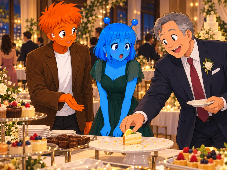 The friends and another guest at a wedding dessert table.