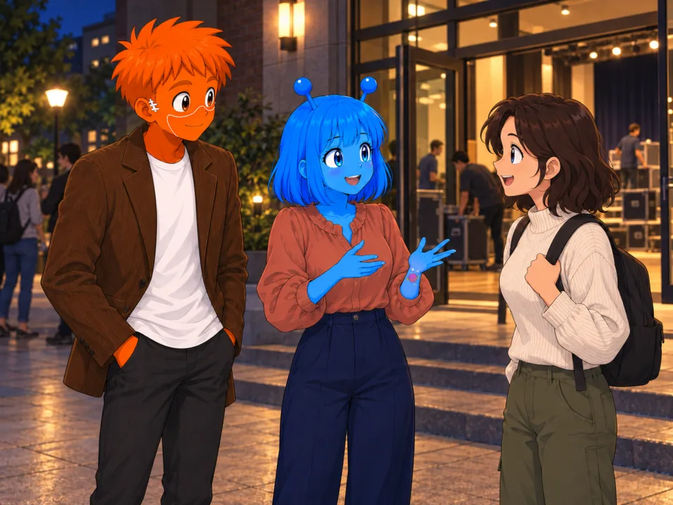 The friends talking to a student after a university panel.