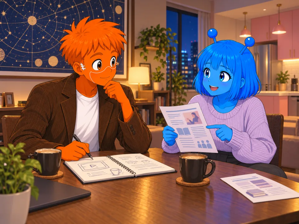 The friends discussing their future with an open notebook at home.