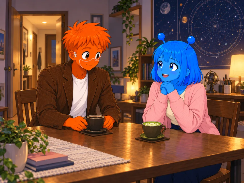 The friends talking over coffee and matcha latte beneath the star map.